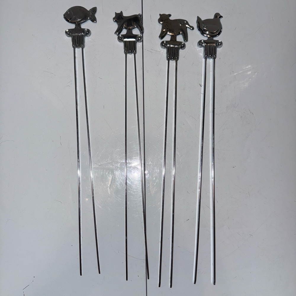 4 Vintage Metal BBQ Skewers Animal Themed Handles Shish Kabob Sticks